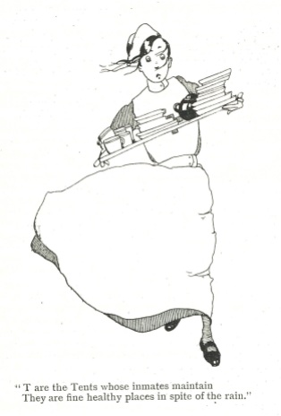 Illustration of a nurse rushed off her feet! From Joyce Dennys' book 'Our Hosital ABC, Anzac British Canadian' (reviewed in the December 1926 issue of Nursing Notes, page 251)